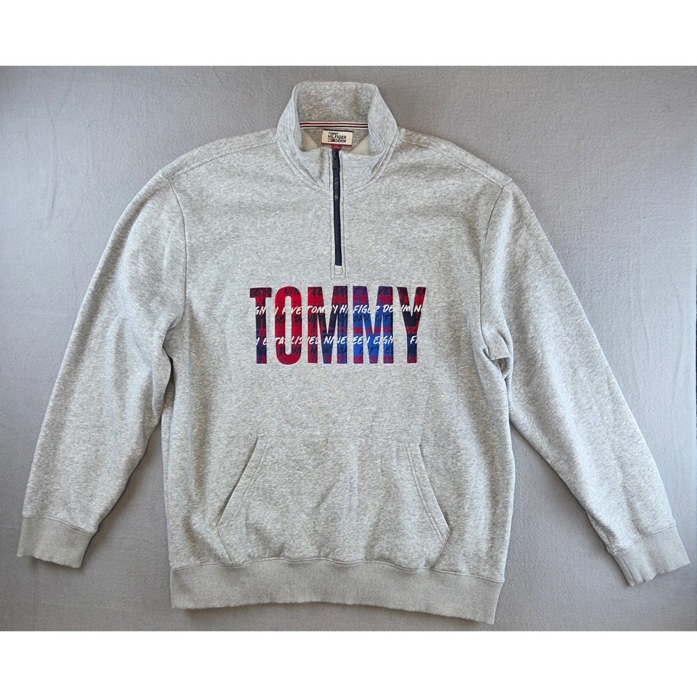 Tommy Hilfiger Mens XXL Quarter Zip Sweatshirt Gray Plaid Logo Spellout Pullover